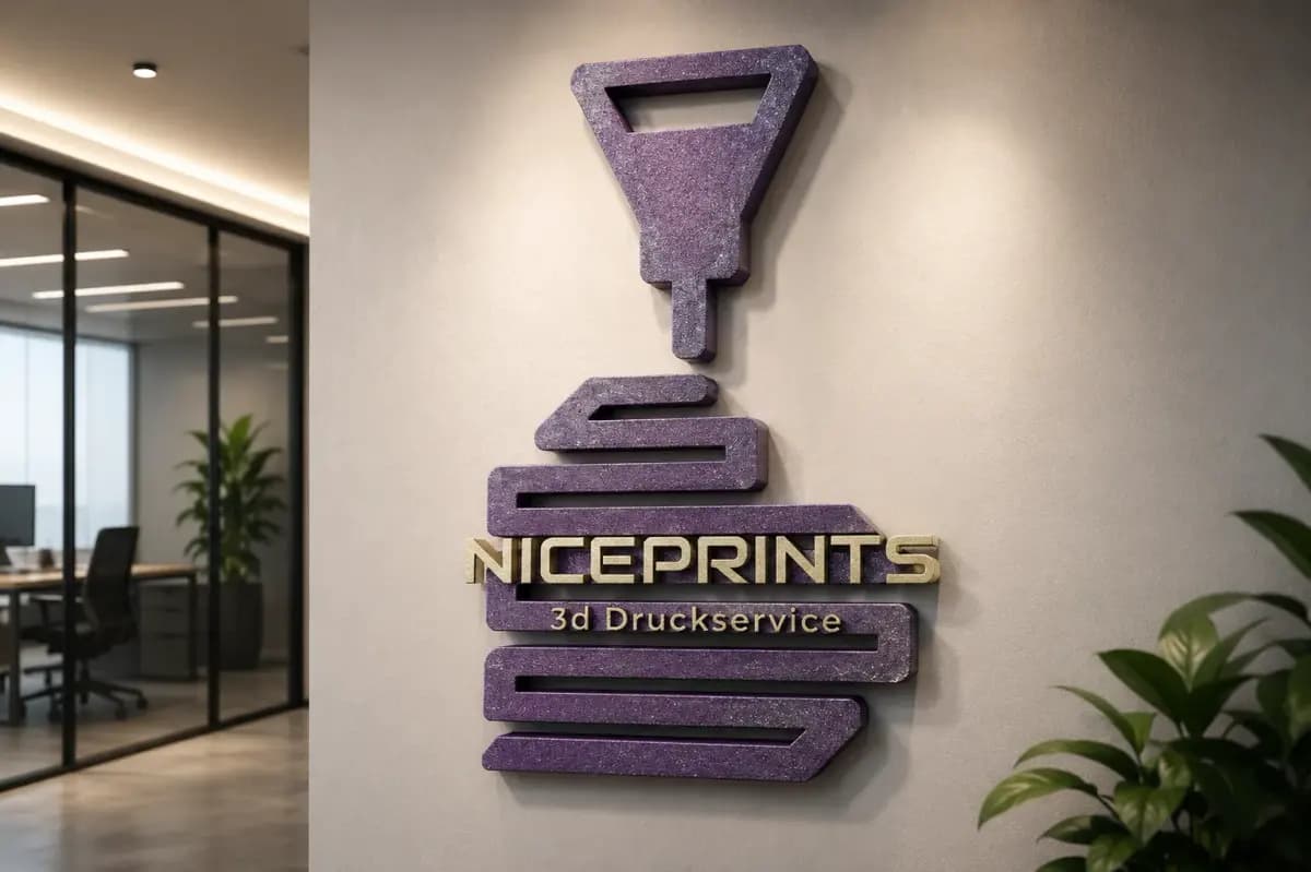 3D-Firmenschild mit Logo an einer Bürowand