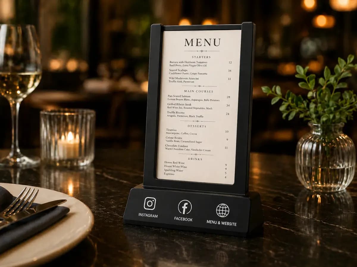 3D-gedruckter NFC-Menühalter auf einem Restauranttisch
