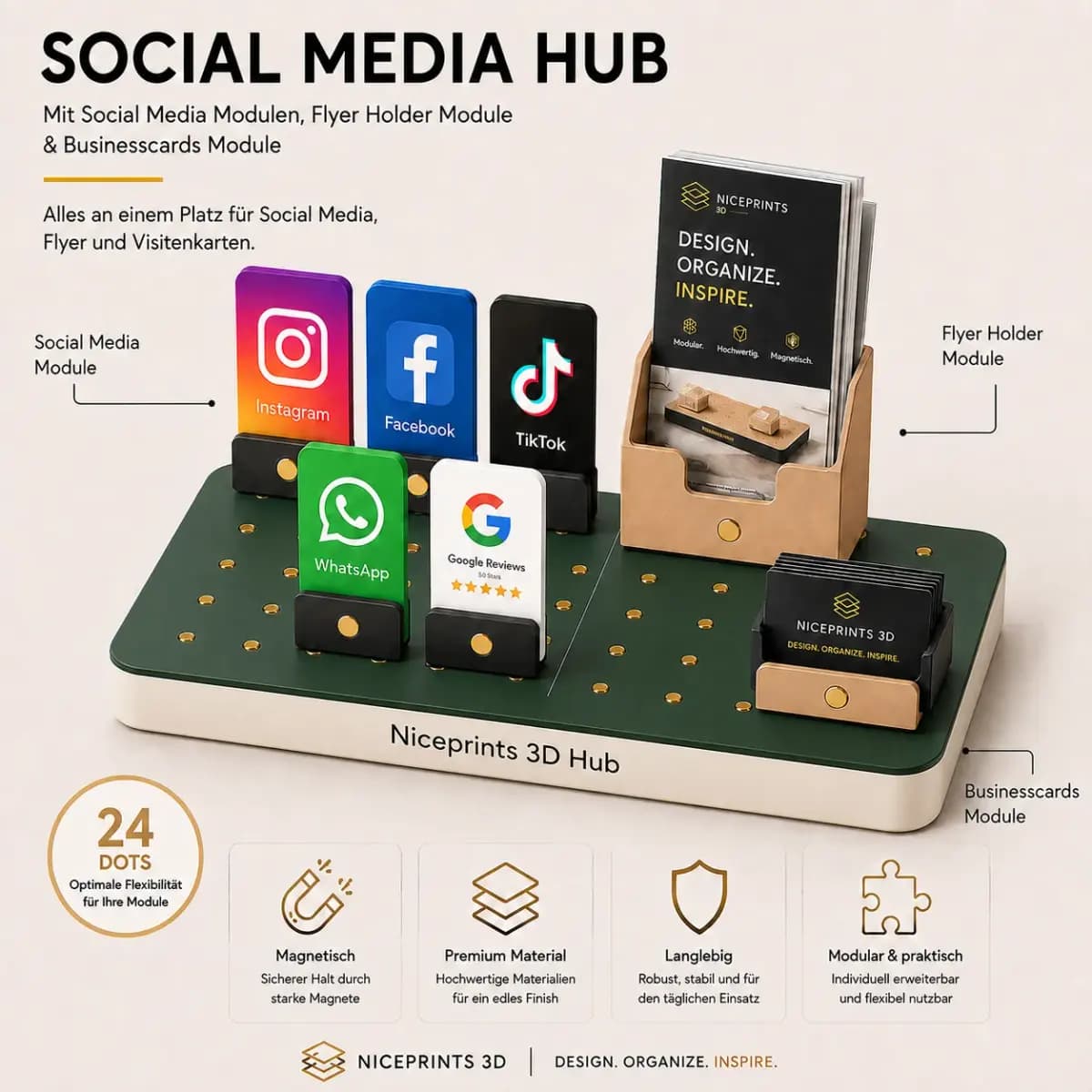 Social Media Hub mit NFC-Modulen, Flyerhalter und Visitenkartenbereich