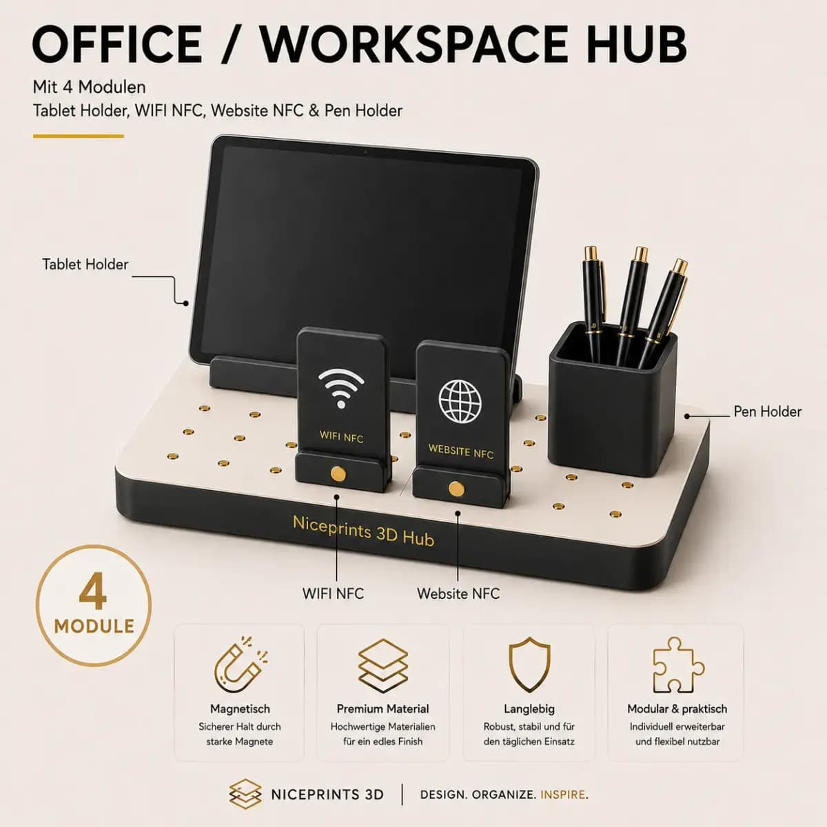 Office- und Workspace-Hub mit Tablet-Halter, NFC-Modulen und Stiftehalter