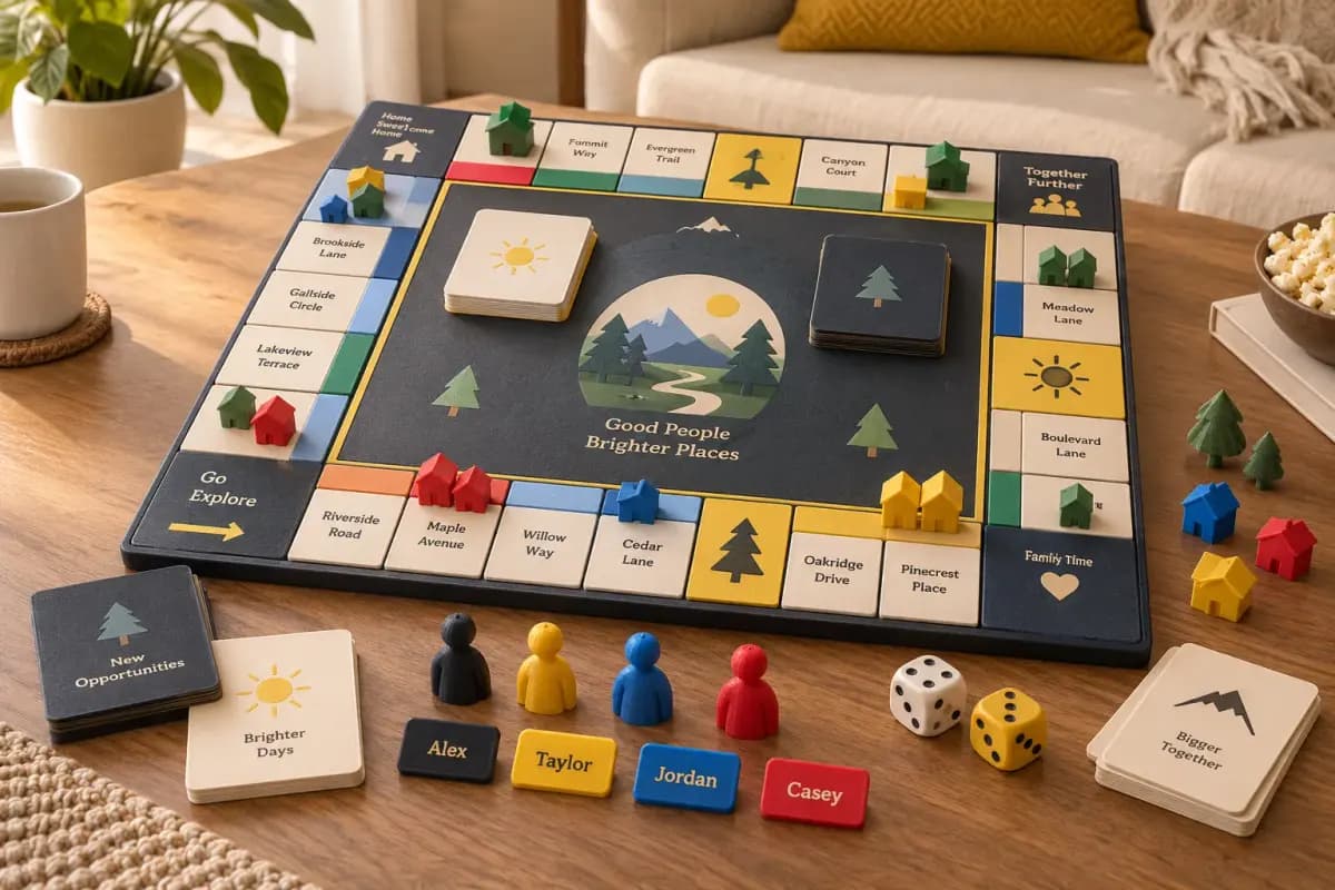 Personalisiertes 3D-gedrucktes Familienspiel mit individuellen Spielfiguren, Häusern und Namensfeldern