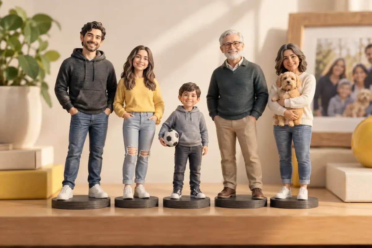 Fünf personalisierte 3D-Figuren von Freunden und Familie auf einzelnen Sockeln