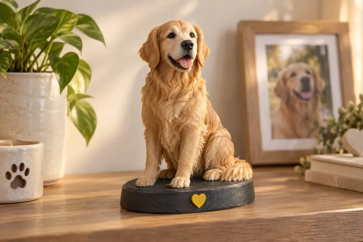 Personalisierte 3D-gedruckte Figur eines Golden Retrievers als Erinnerungsstück