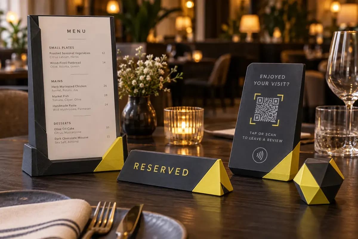 3D-gedruckter Menühalter, Reserviert-Schild und NFC-Aufsteller auf einem Restauranttisch