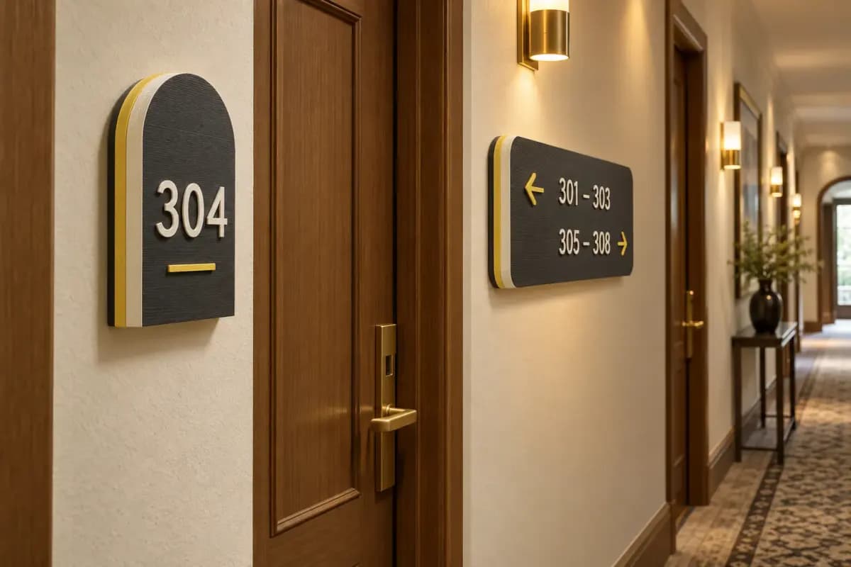 Hotelkorridor mit 3D-gedruckter Zimmernummer und Wegweiser