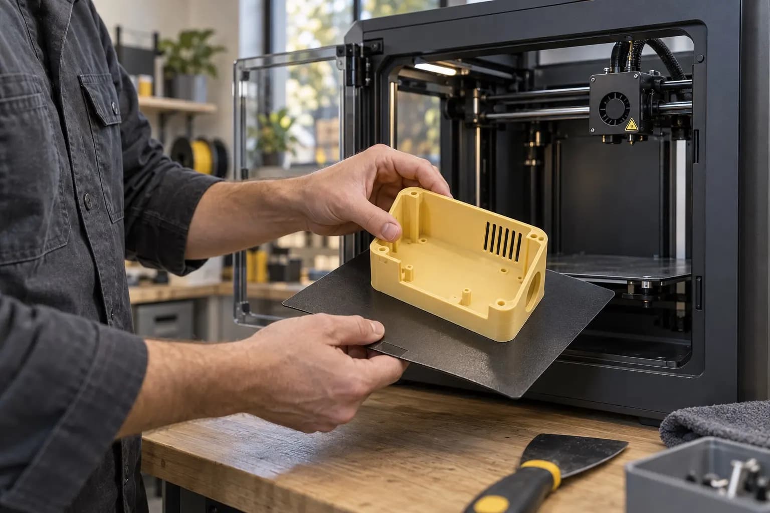Eine Person hebt ein gelbes 3D-gedrucktes Gehäuse von einer Druckplatte vor dem geöffneten Drucker