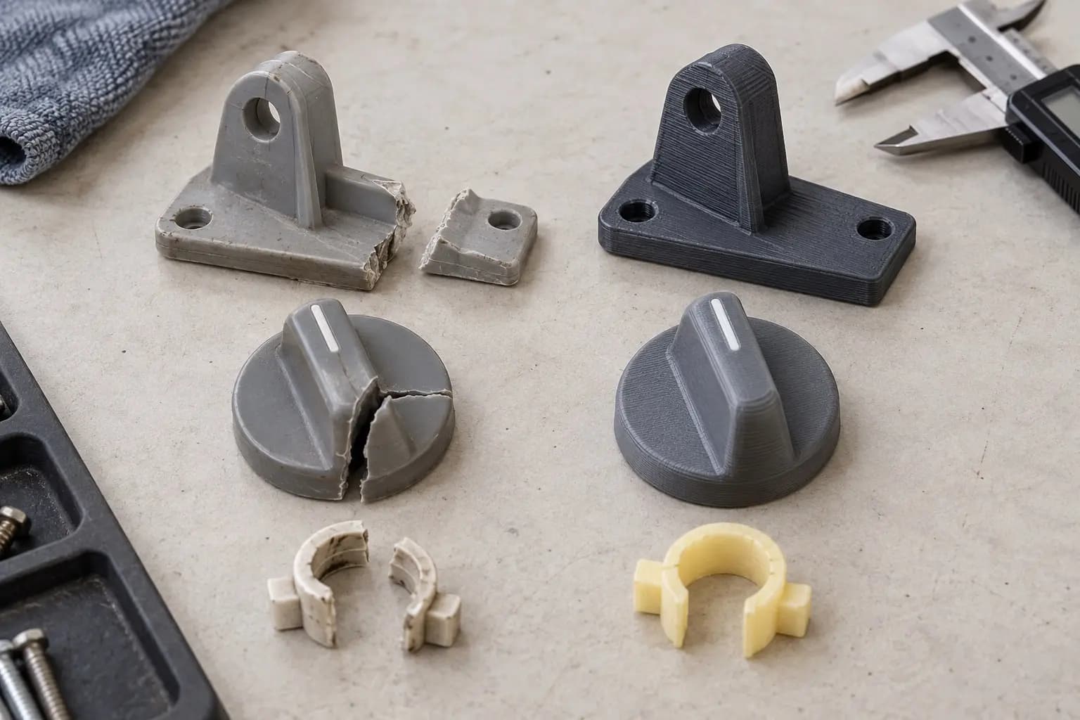 Beschädigte Halterung, Drehknopf und Clip neben passenden gedruckten Ersatzteilen.