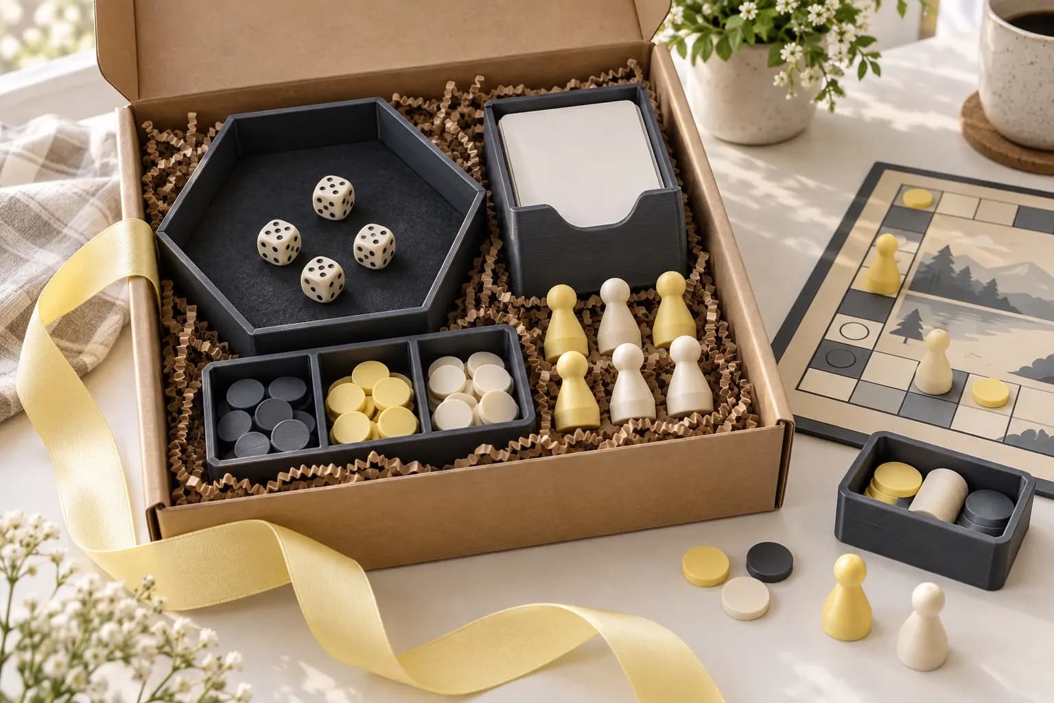 Geschenkbox mit 3D-gedruckter Würfelschale, Kartenhalter, Spielfiguren und Sortierfächern für Brettspiel-Zubehör.