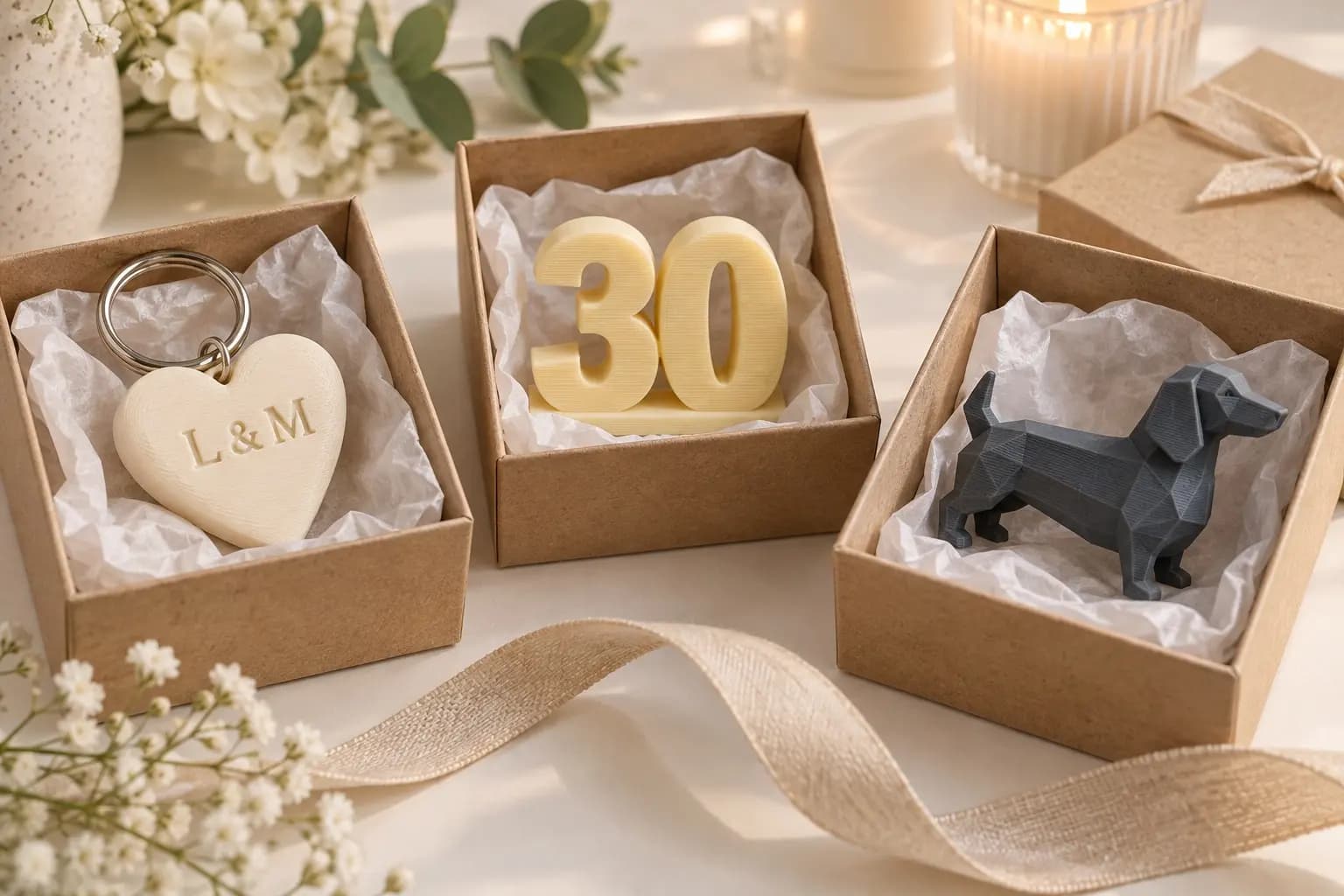 Herz-Schlüsselanhänger mit Initialen, Geburtstagszahl 30 und kleine Dackelfigur in Geschenkboxen.