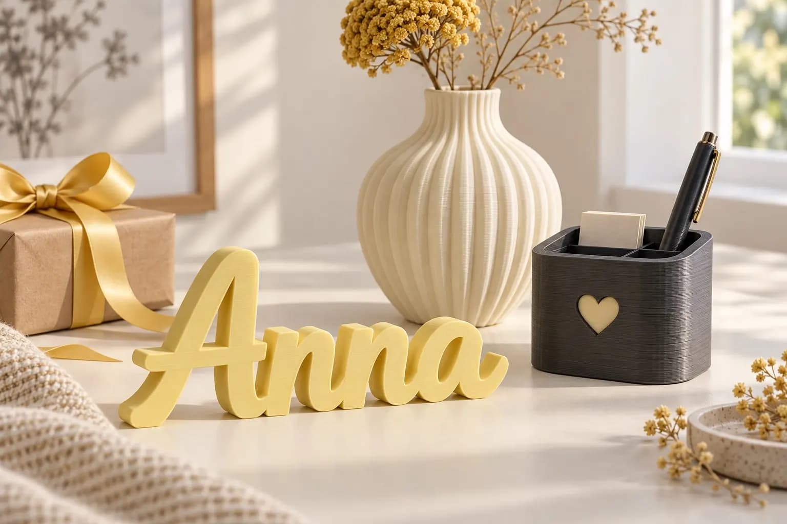 Gelber Namenszug, dunkler Organizer mit Herz und cremefarbene Vase als personalisierte Geschenke.